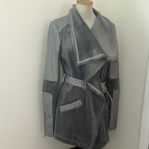 Blanc Noir grey gray trench belted coat medium m silk
